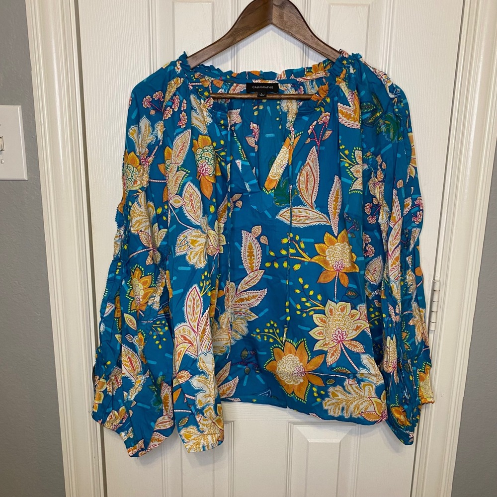 Calligraphie Blue Floral Paisley Cotton Ruffle Balloon Sleeve Blouse Large